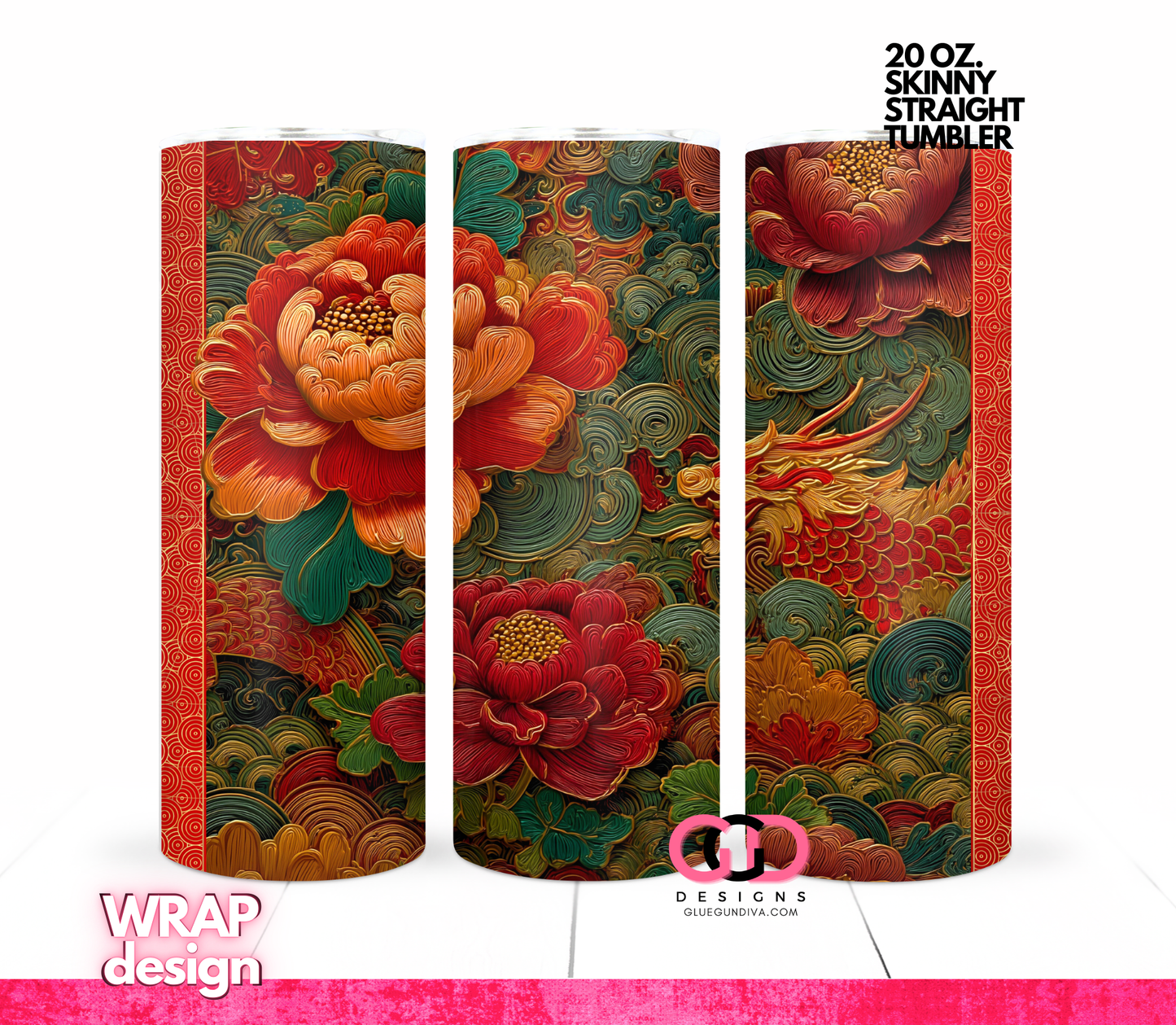 Chinese Pattern -  Digital tumbler wrap for 20 oz skinny straight tumbler