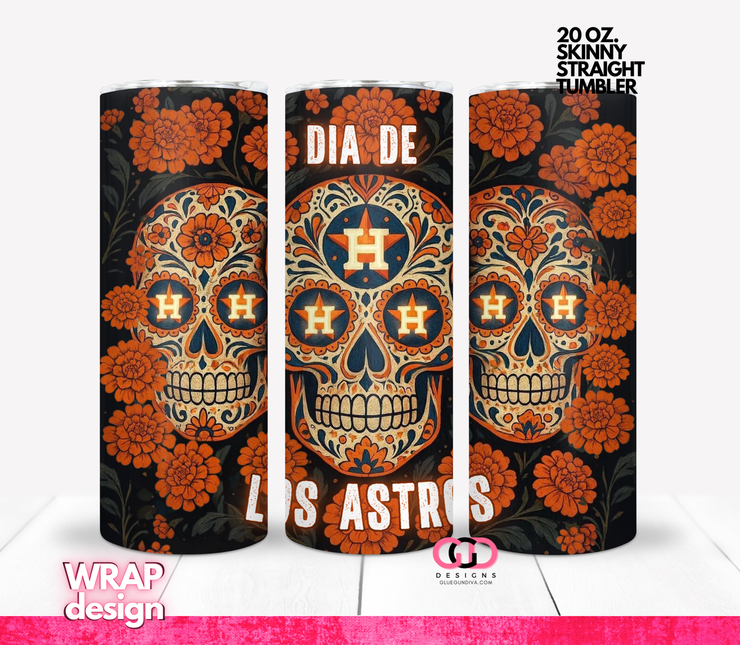 Dia De Los Astros Orange Flowers -  Digital tumbler wrap for 20 oz skinny straight tumbler