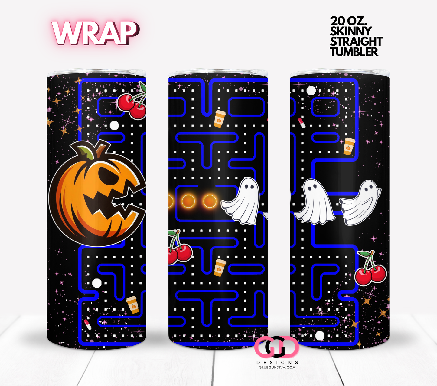 Pumpkin and ghosts retro video game -  Digital tumbler wrap for 20 oz skinny straight tumbler