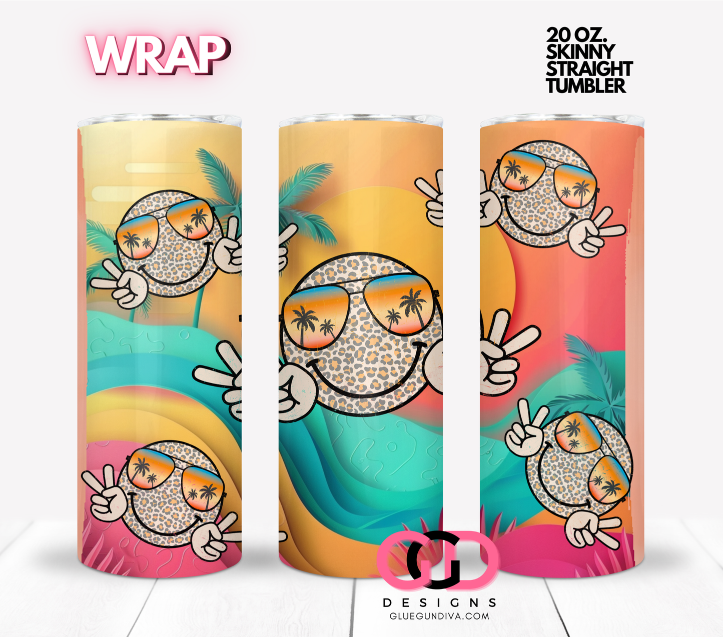 Peace Summer Happy Face-  Digital tumbler wrap for 20 oz skinny straight tumbler