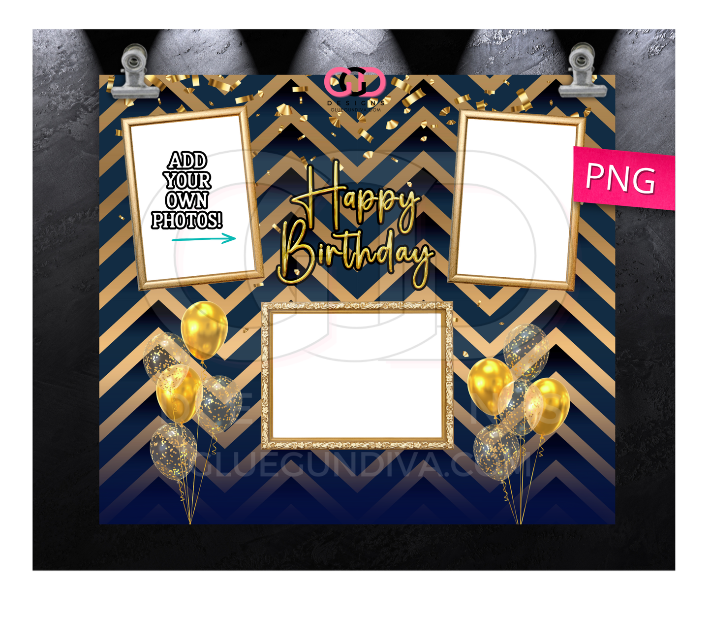 Happy Birthday Navy and Gold with Balloons photo tumbler-   Digital tumbler wrap for 20 oz skinny straight tumbler