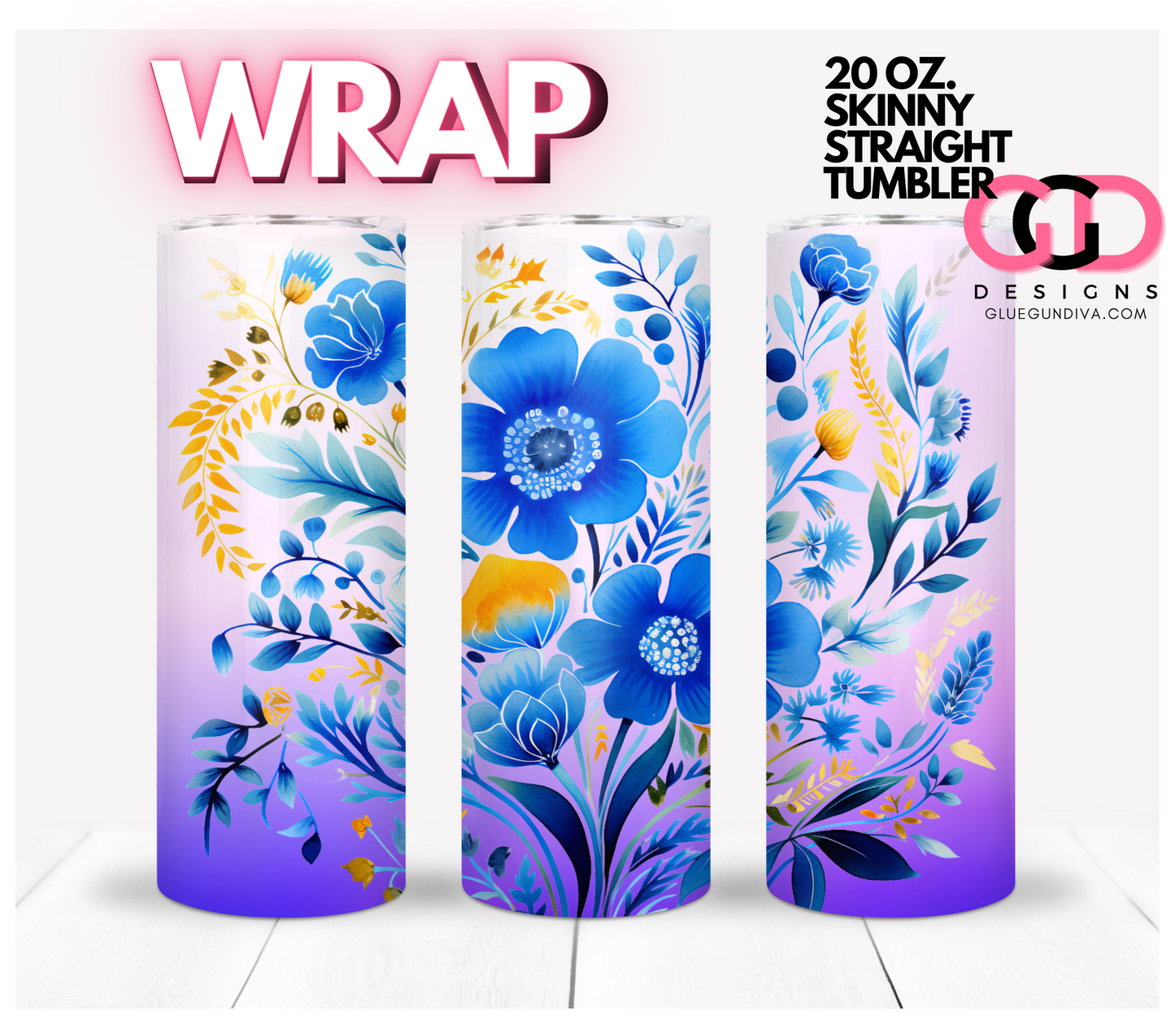 Blue Bouquet-   Digital tumbler wrap for 20 oz skinny straight tumbler