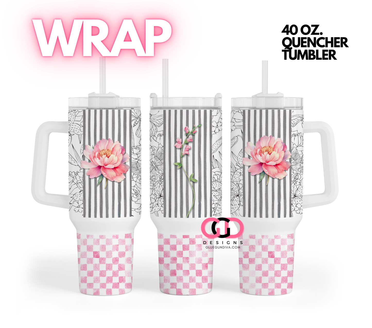 Sketched Flowers and Pink -   Digital tumbler wrap for 40 oz tumbler