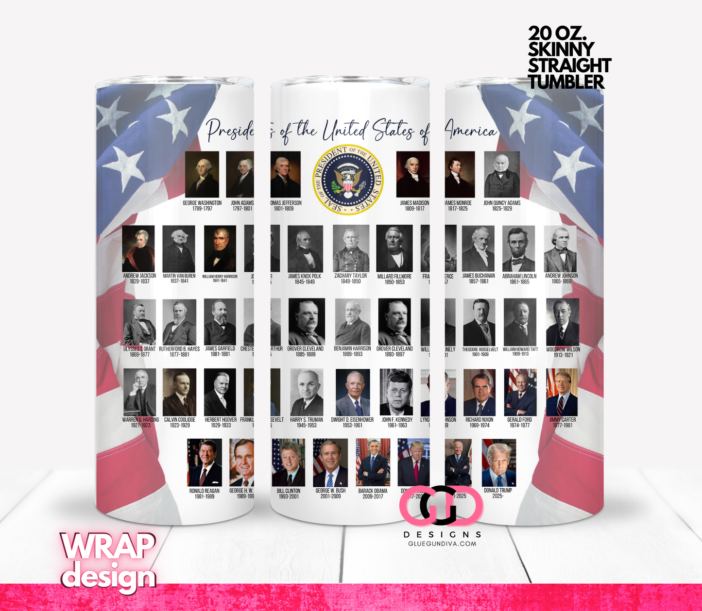2025 Presidents of the USA updated- Digital tumbler wrap for 20 oz skinny straight tumbler