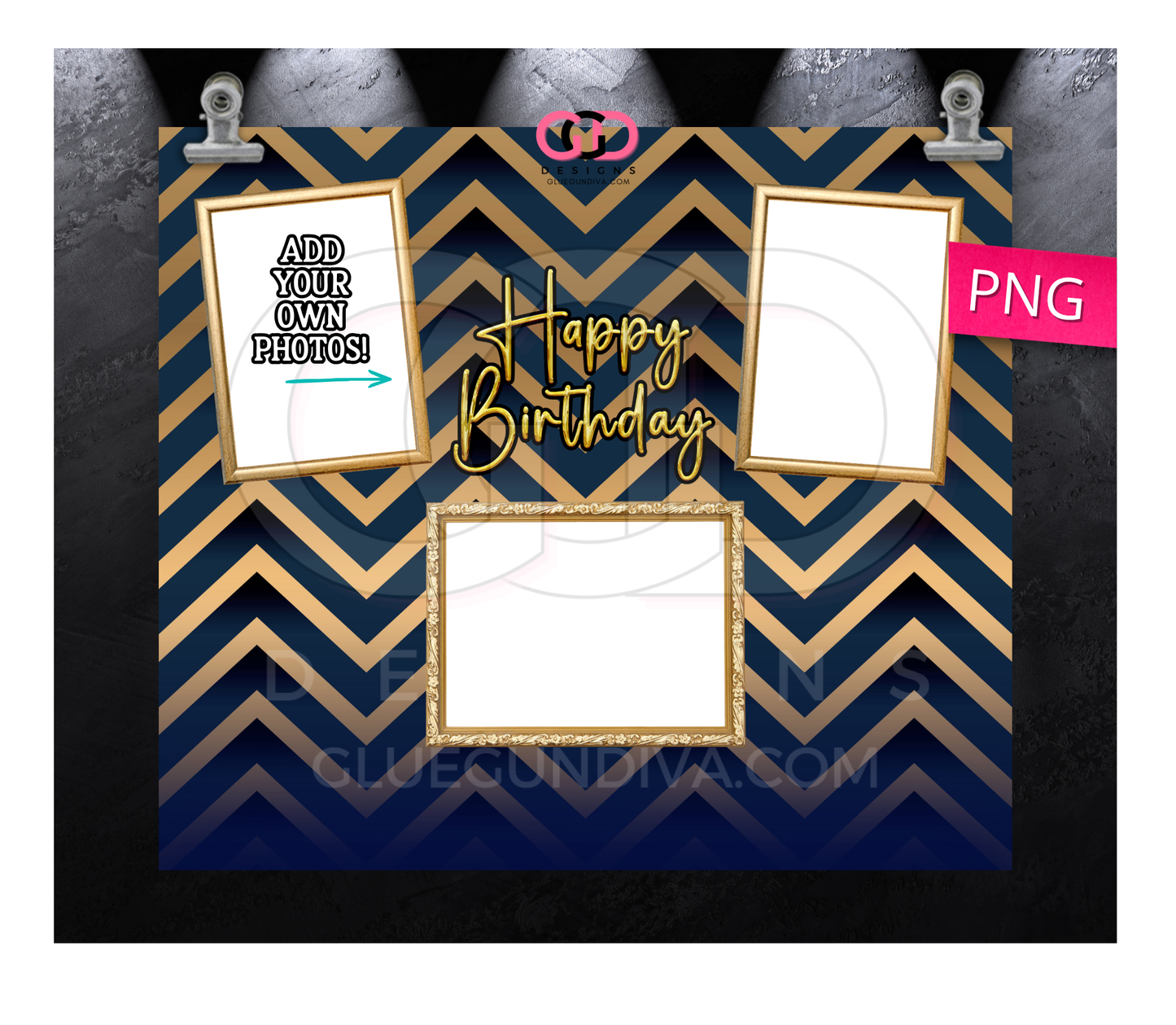Happy Birthday Navy and Gold photo tumbler-   Digital tumbler wrap for 20 oz skinny straight tumbler