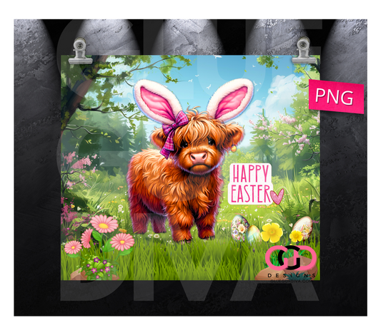 Easter Highland Cow Bunny-   Digital tumbler wrap for 20 oz skinny straight tumbler