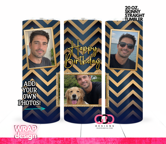 Happy Birthday Navy and Gold photo tumbler-   Digital tumbler wrap for 20 oz skinny straight tumbler
