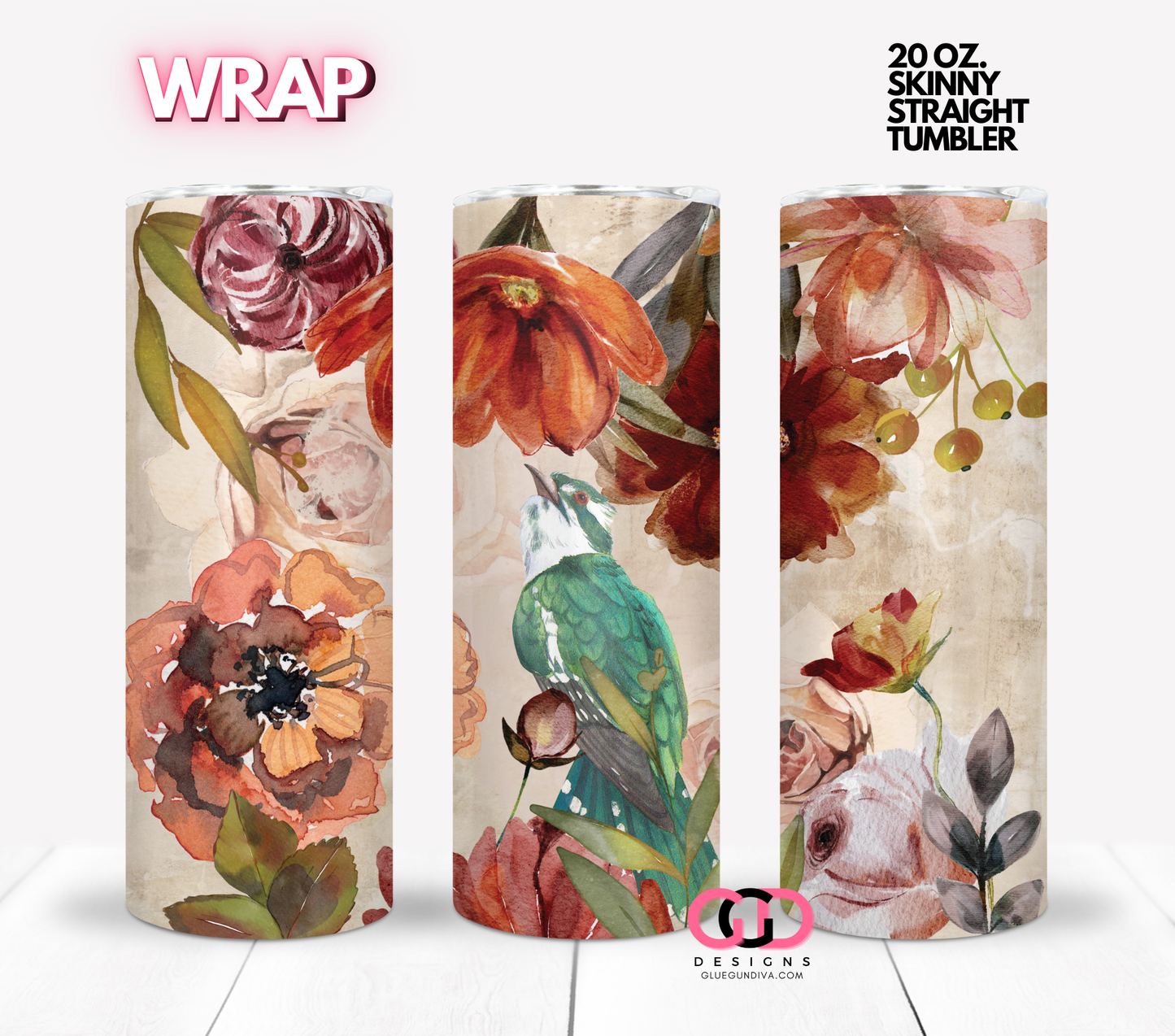 Fall floral and bird-  Digital tumbler wrap for 20 oz skinny straight tumbler