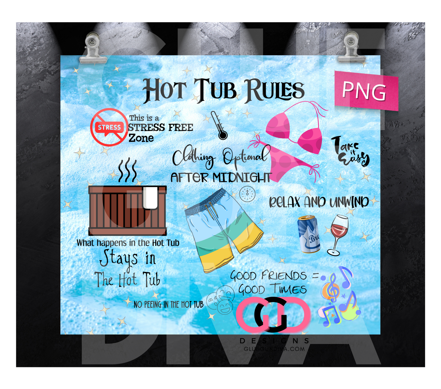 Hot Tub Rules -   Digital tumbler wrap for 20 oz skinny straight tumbler