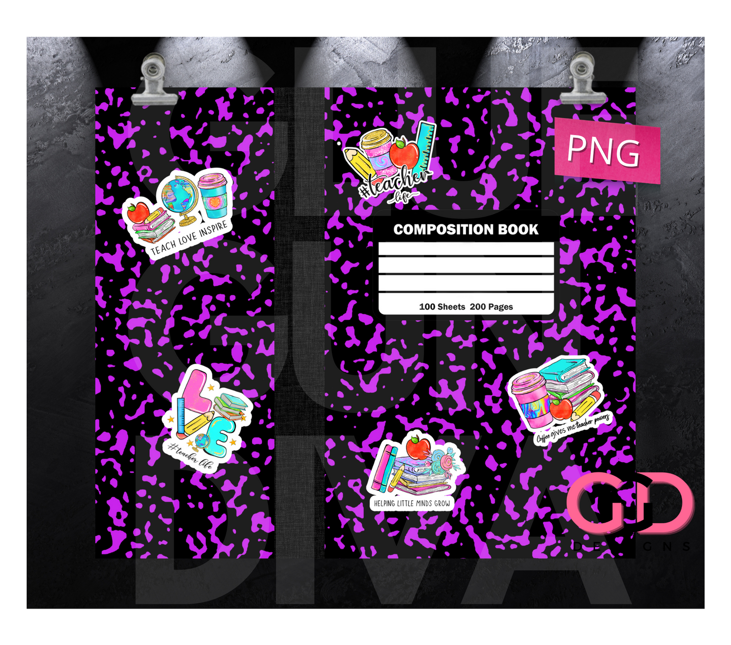 Teacher Composition Book with stickers-   Digital tumbler wrap for 20 oz skinny straight tumbler