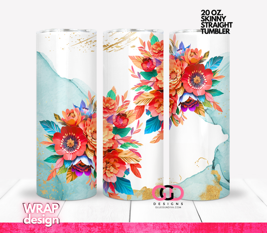 3D Paper Flowers on Ink-   Digital tumbler wrap for 20 oz skinny straight tumbler