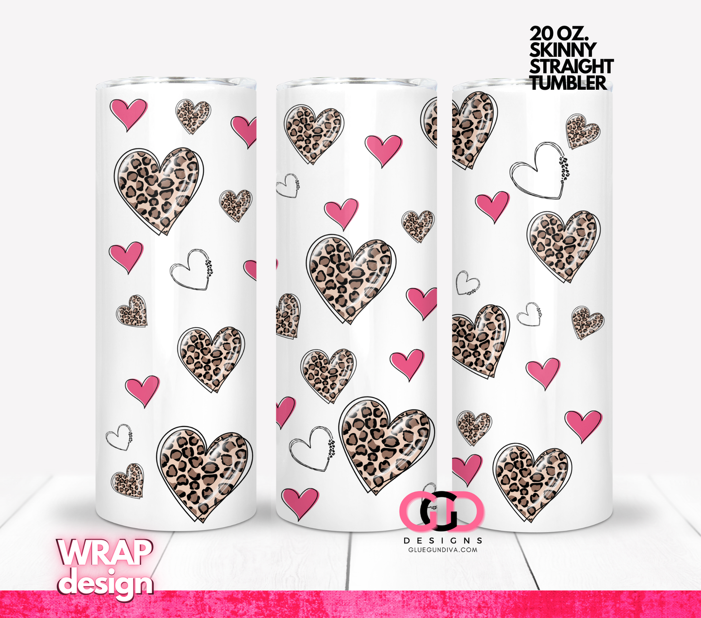 Pink and Leopard Hearts-   Digital tumbler wrap for 20 oz skinny straight tumbler