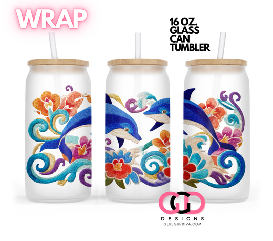 Embroidered Dolphins -   Digital wrap for 16 oz glass can