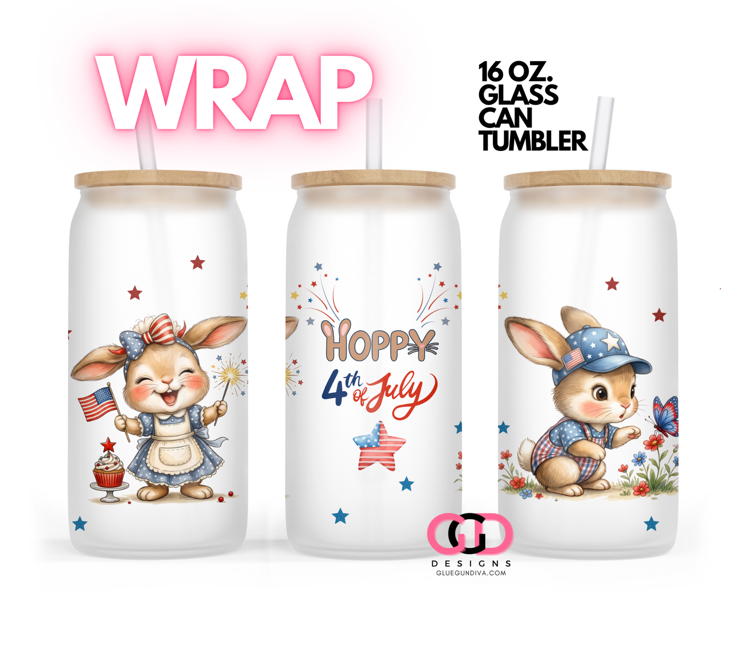 Hoppy 4th of July -   Digital wrap for 16 oz glass can