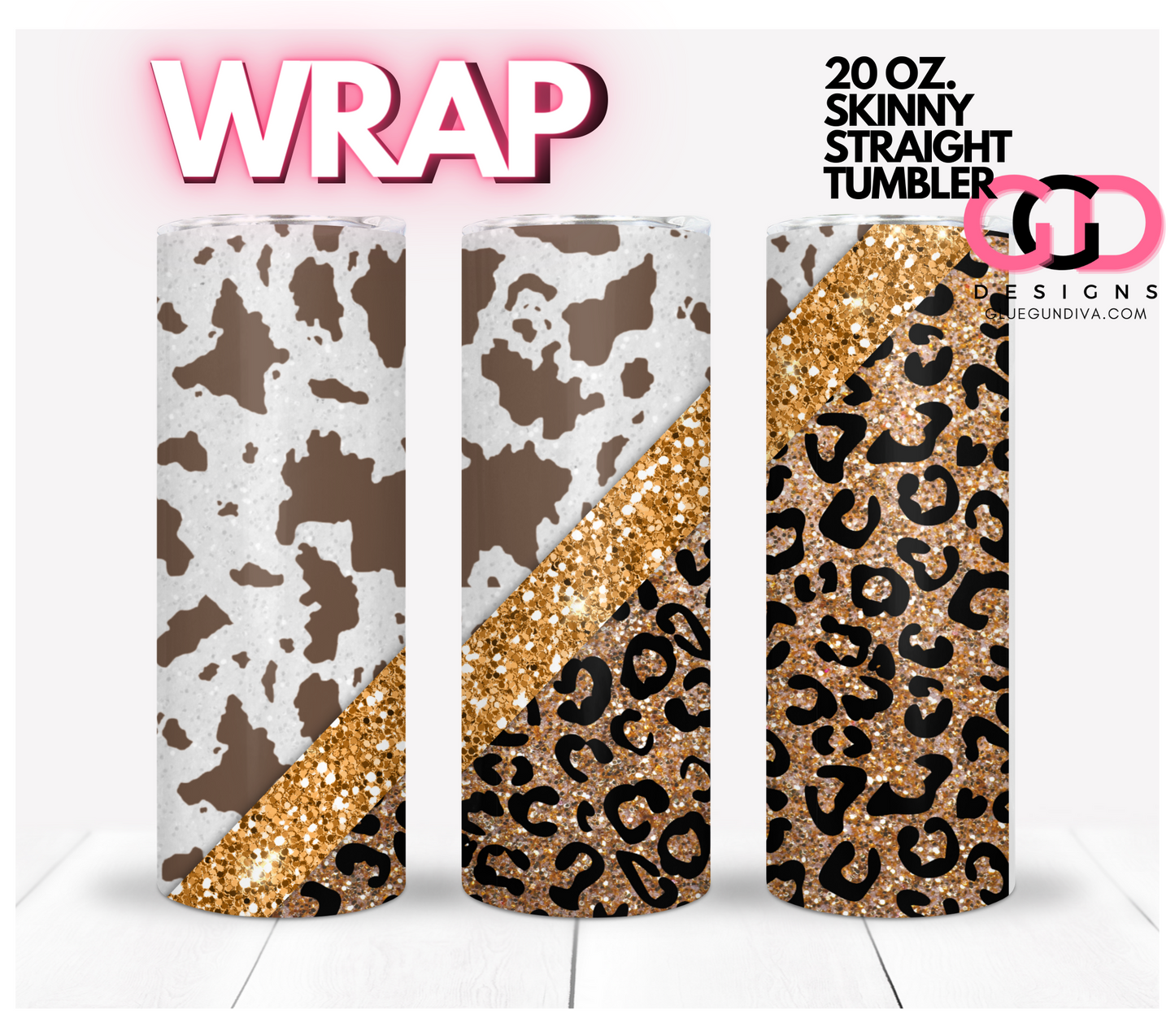 Animal Print and Gold-   Digital tumbler wrap for 20 oz skinny straight tumbler