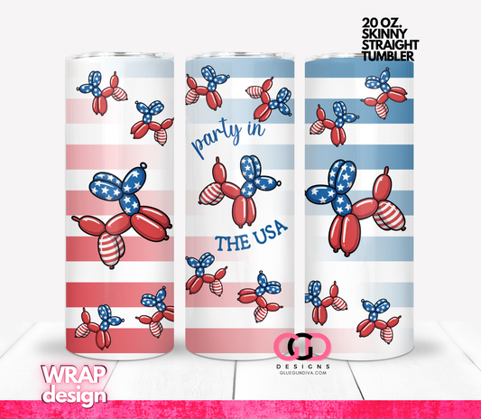 Party in the USA Dog Balloons-  Digital tumbler wrap for 20 oz skinny straight tumbler