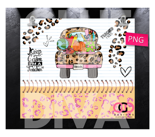 Teacher Truck Spiral-  Digital tumbler wrap for 20 oz skinny straight tumbler