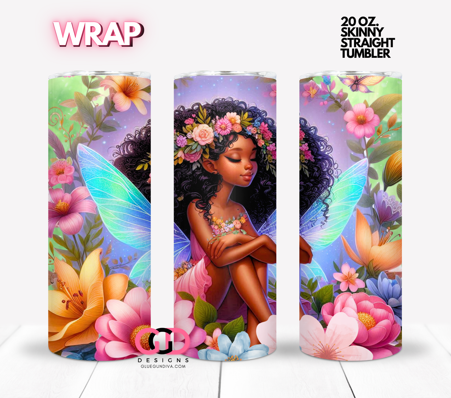 Curly hair Fairy Flowers-  Digital tumbler wrap for 20 oz skinny straight tumbler