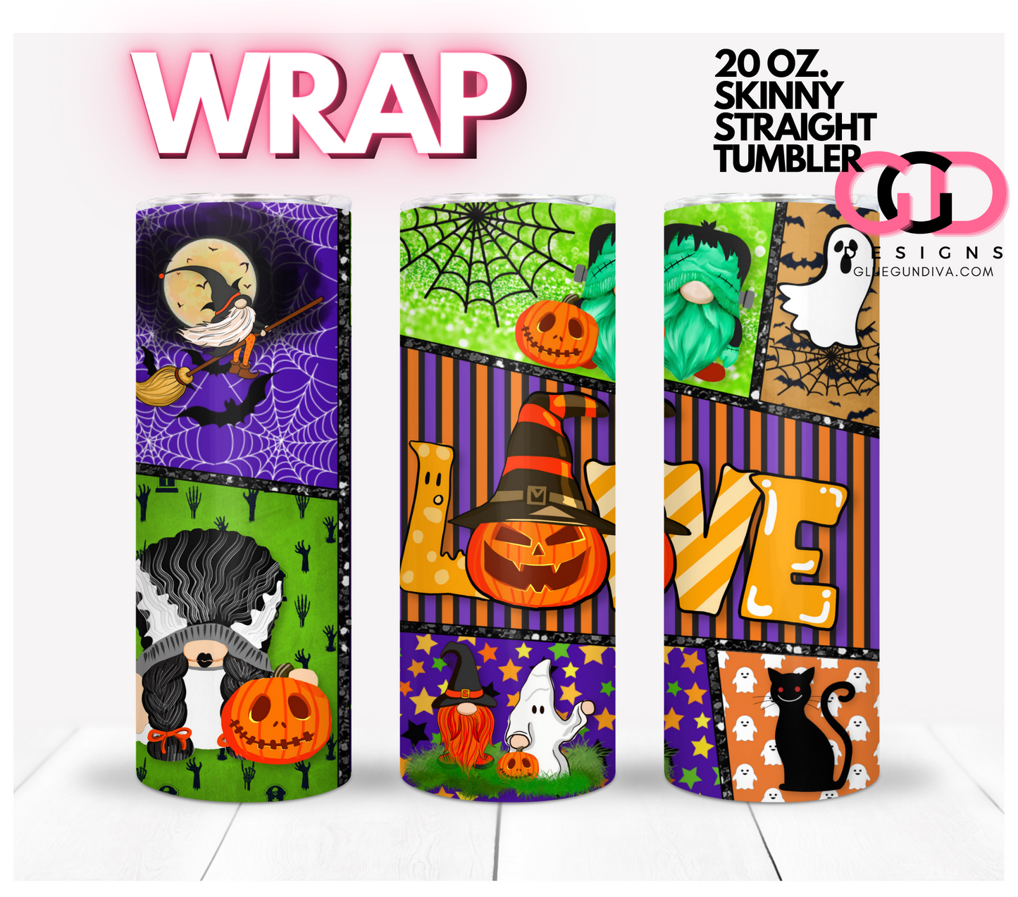 Halloween Gnomes, Geometrical Lines-   Digital tumbler wrap for 20 oz skinny straight tumbler