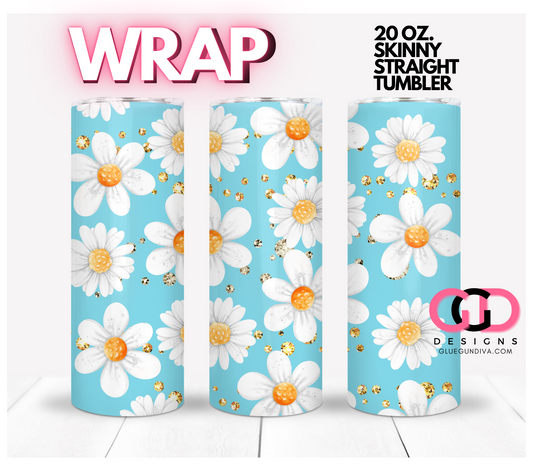 White Flowers with Gems -   Digital tumbler wrap for 20 oz skinny straight tumbler