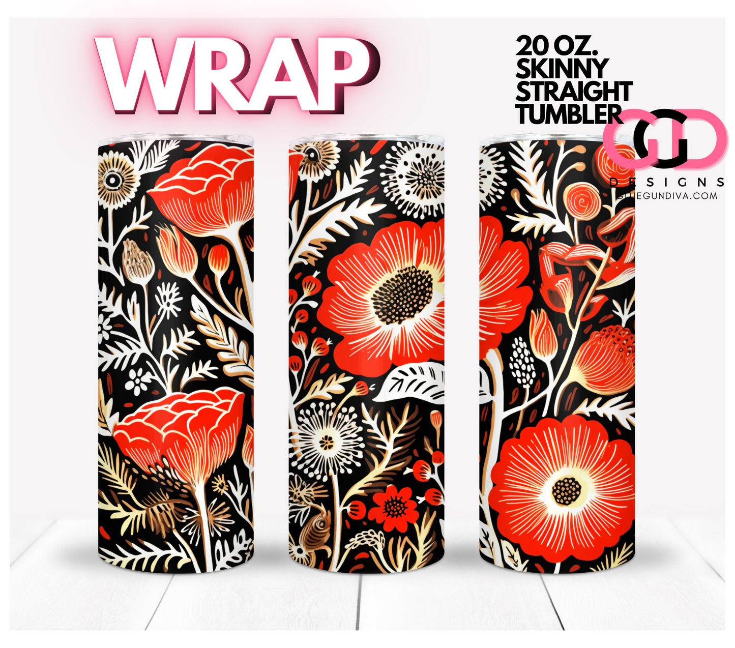 Red White Black flowers-   Digital tumbler wrap for 20 oz skinny straight tumbler