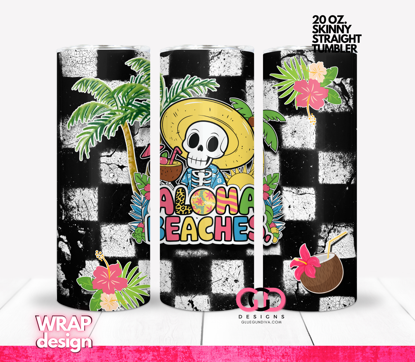 Aloha Beaches Checkered -  Digital tumbler wrap for 20 oz skinny straight tumbler