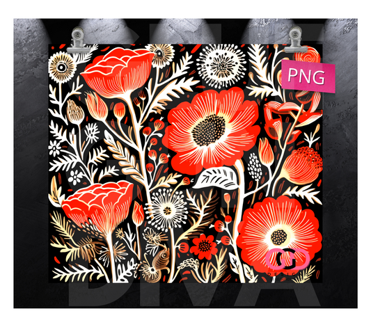 Red White Black flowers-   Digital tumbler wrap for 20 oz skinny straight tumbler