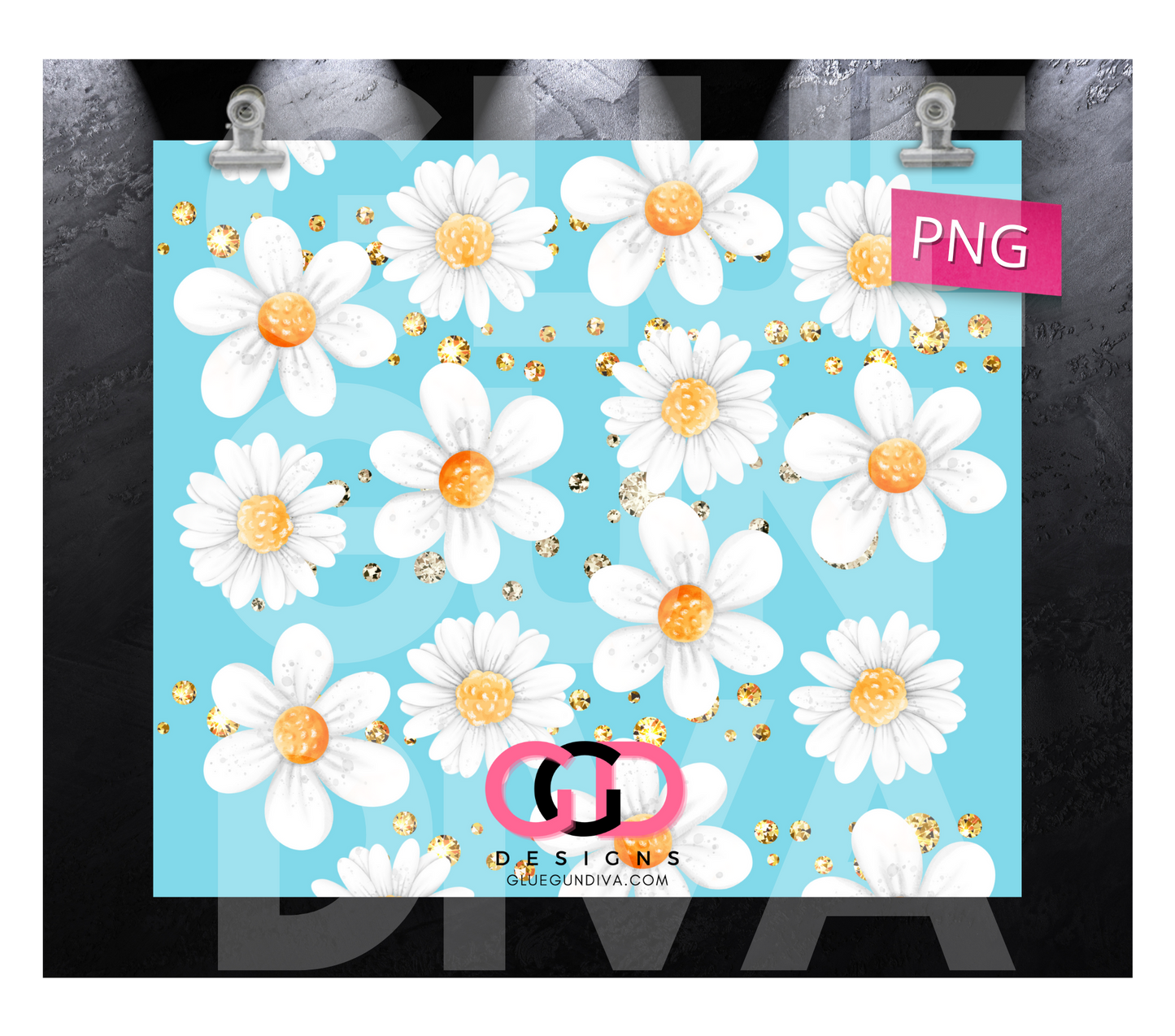 White Flowers with Gems -   Digital tumbler wrap for 20 oz skinny straight tumbler