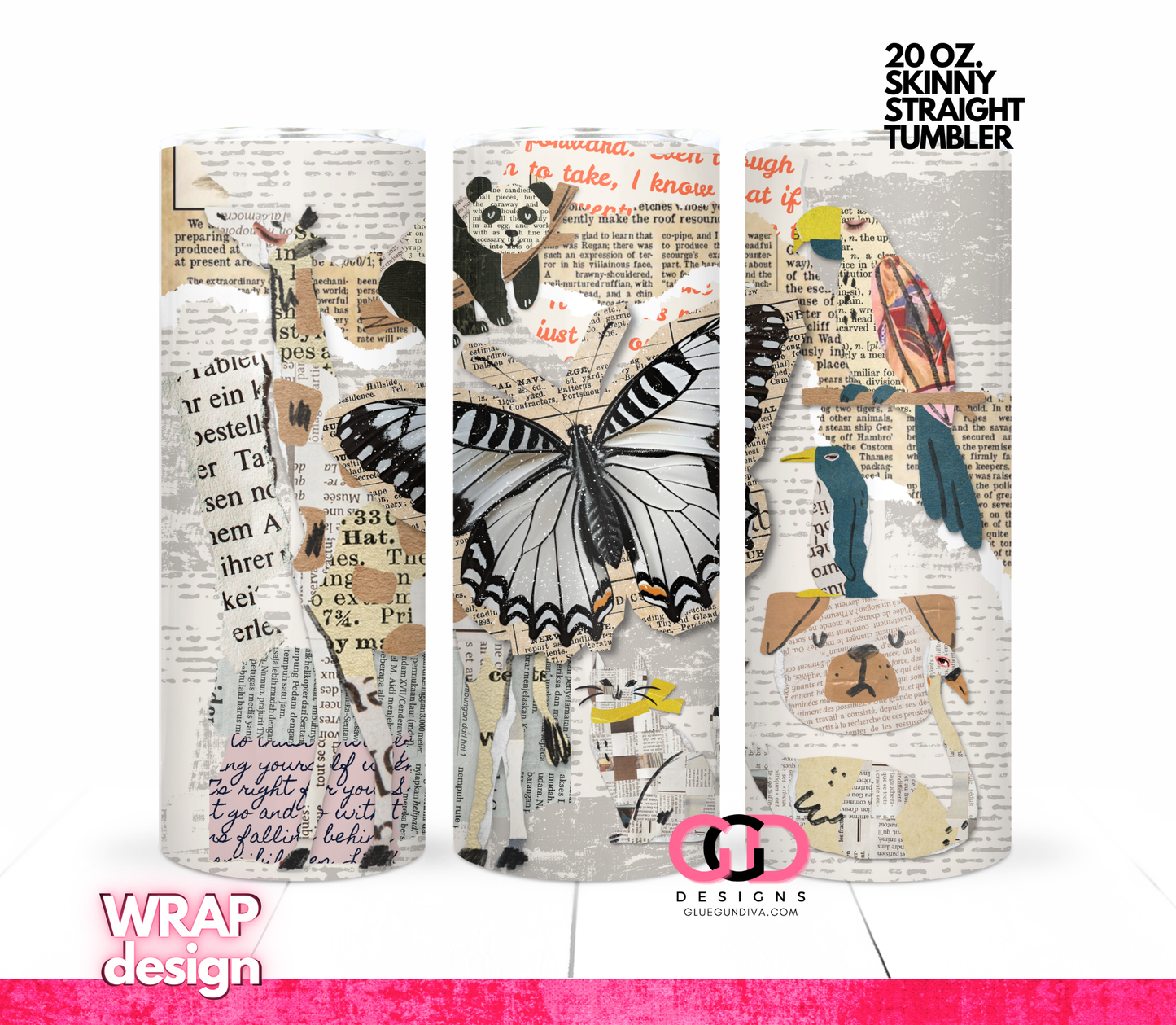 Newspaper Animal Collage -   Digital tumbler wrap for 20 oz skinny straight tumbler