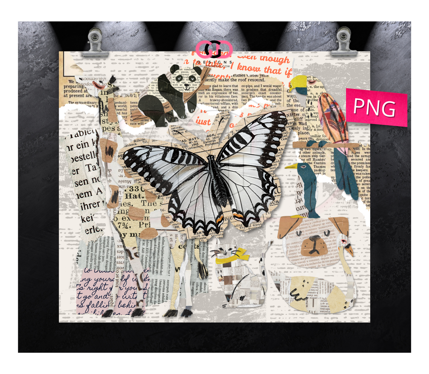 Newspaper Animal Collage -   Digital tumbler wrap for 20 oz skinny straight tumbler