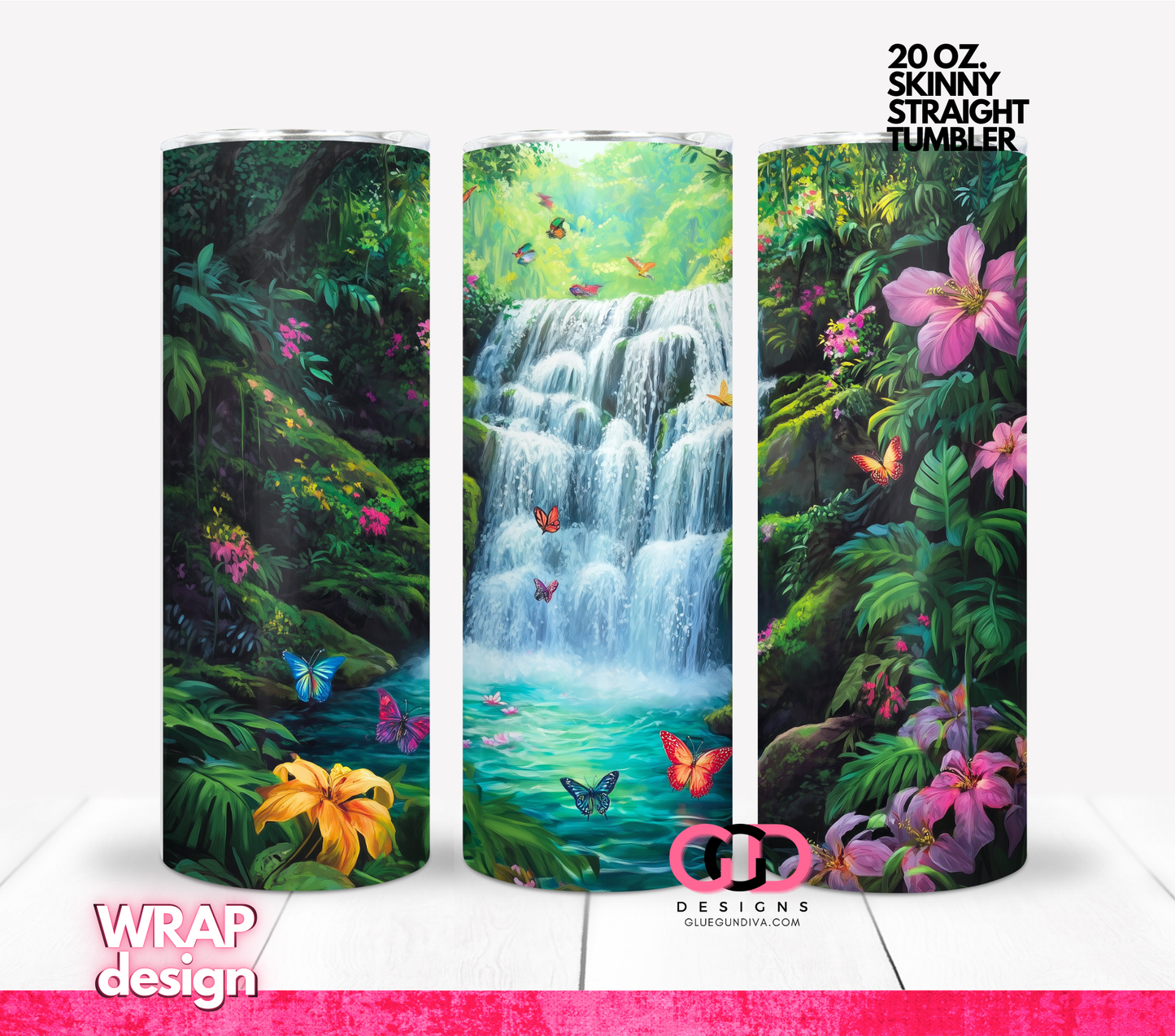 Hidden Tropical Waterfall -  Digital tumbler wrap for 20 oz skinny straight tumbler