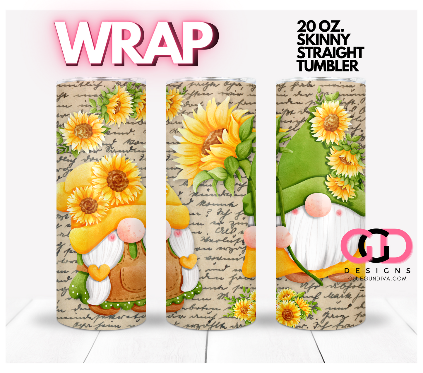 Sunflower Gnomes Vintage Handwriting -   Digital tumbler wrap for 20 oz skinny straight tumbler