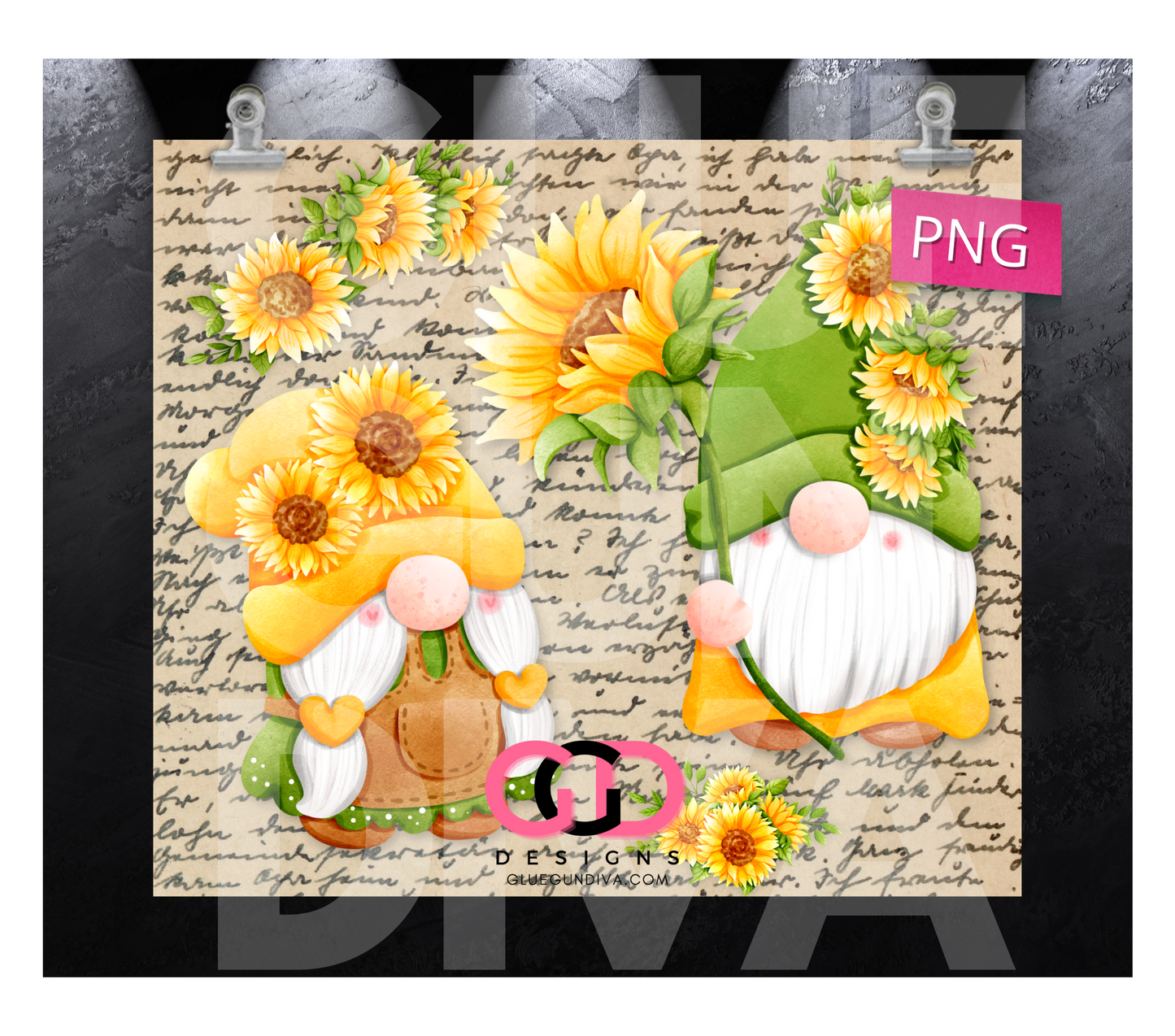 Sunflower Gnomes Vintage Handwriting -   Digital tumbler wrap for 20 oz skinny straight tumbler