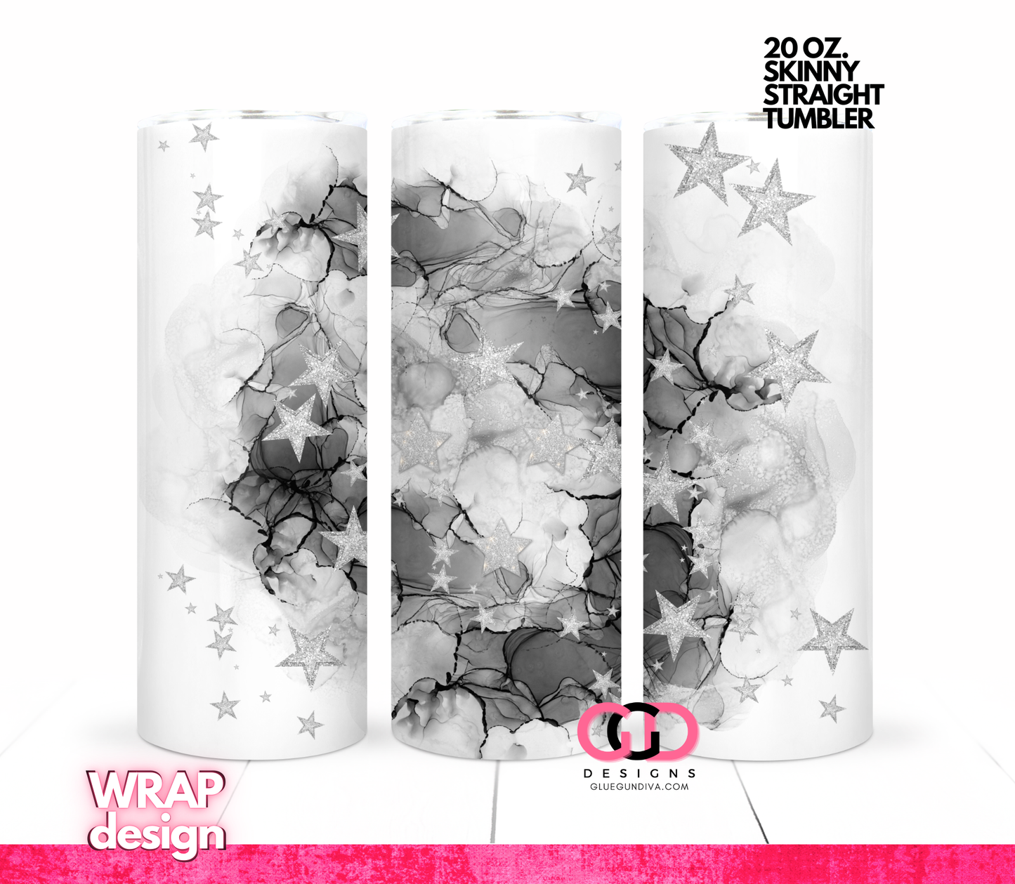 Stars on Black Alcohol ink - Digital tumbler wrap for 20 oz skinny straight tumbler
