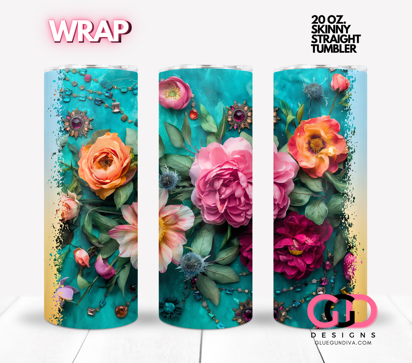 Flowers and Jewels on Teal -  Digital tumbler wrap for 20 oz skinny straight tumbler