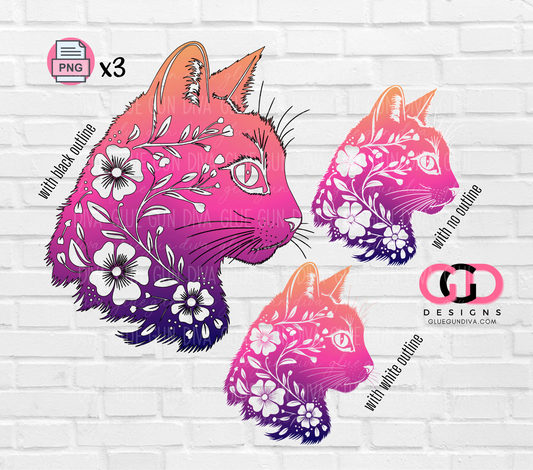 Floral Cat Silhouette -  PNGs & SVGs