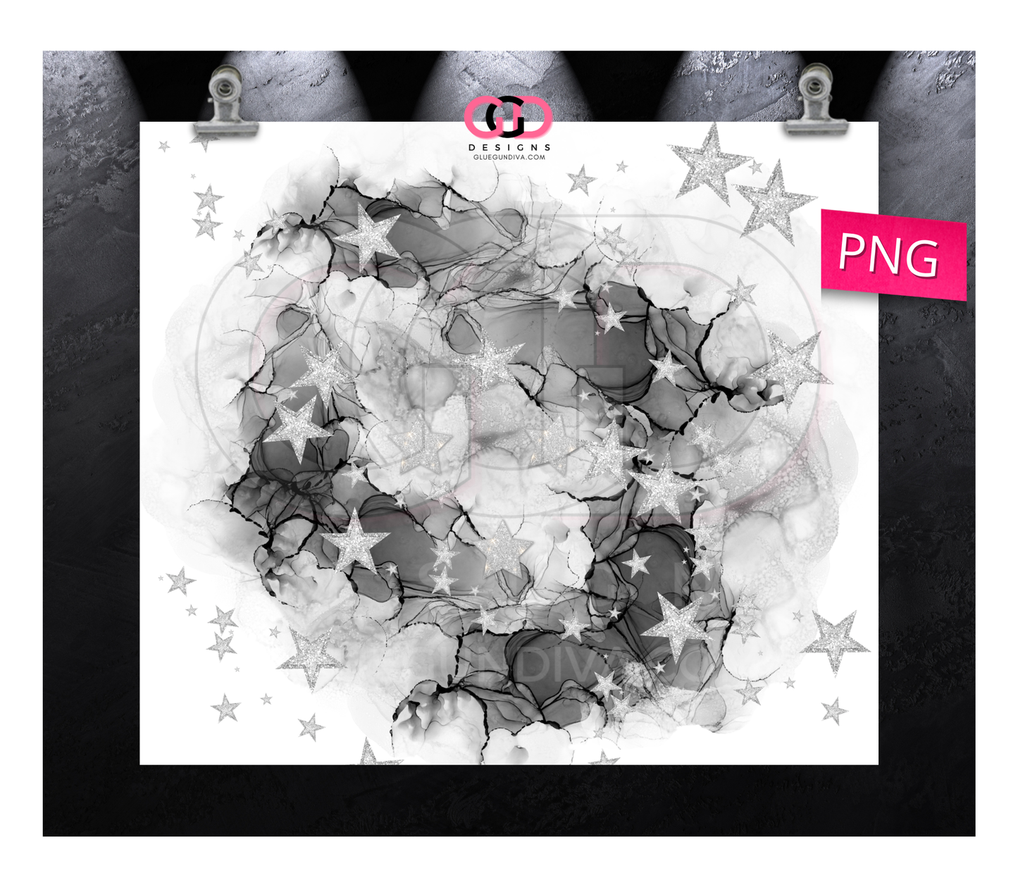 Stars on Black Alcohol ink - Digital tumbler wrap for 20 oz skinny straight tumbler