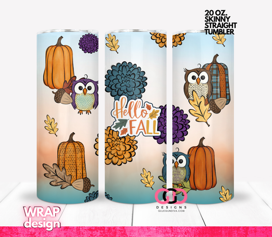 Hello Fall Owls and Pumpkins-   Digital tumbler wrap for 20 oz skinny straight tumbler