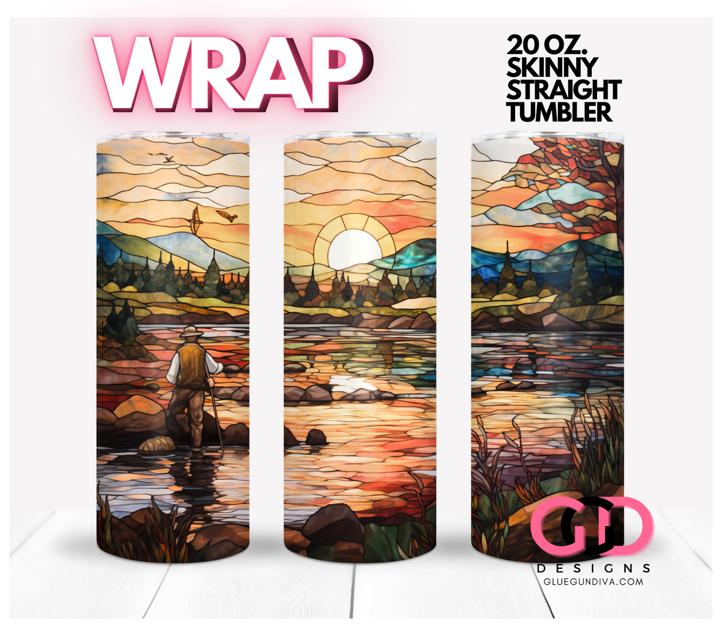 Fisherman Stained Glass Scene-   Digital tumbler wrap for 20 oz skinny straight tumbler