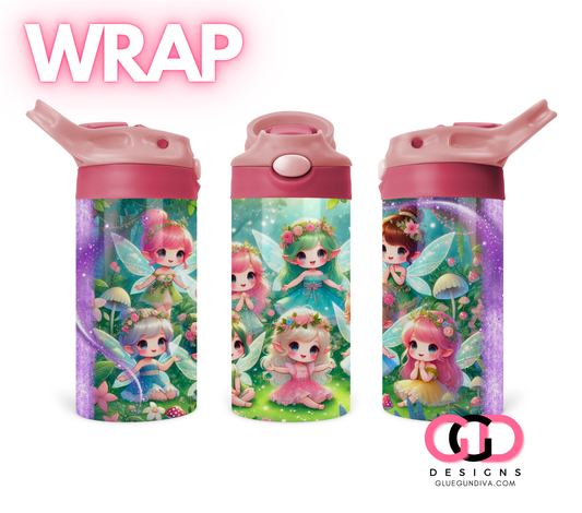 Fairies in the Forest Colorful Hair - Digital Flip Top Bottle Wrap for kid's bottles 12 oz