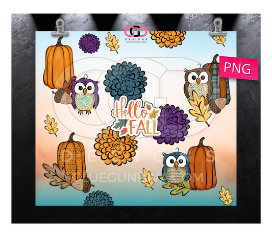 Hello Fall Owls and Pumpkins-   Digital tumbler wrap for 20 oz skinny straight tumbler