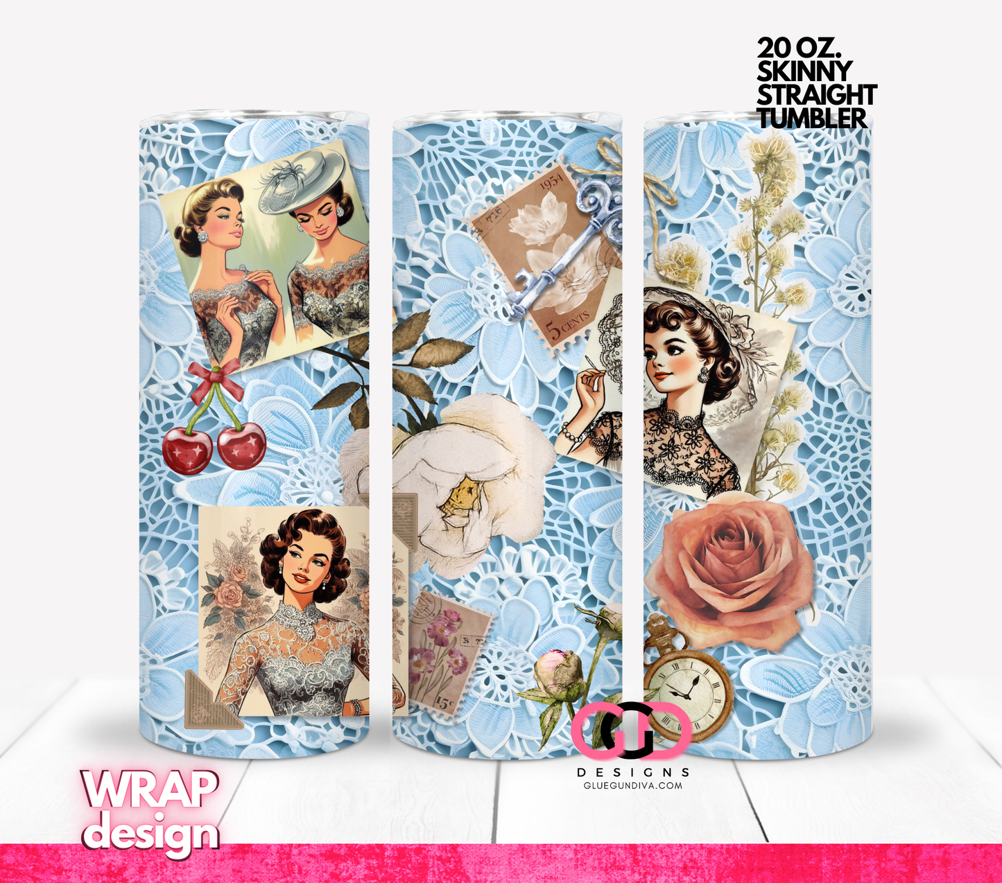 Vintage Lace and Flowers - Digital tumbler wrap for 20 oz skinny straight tumbler