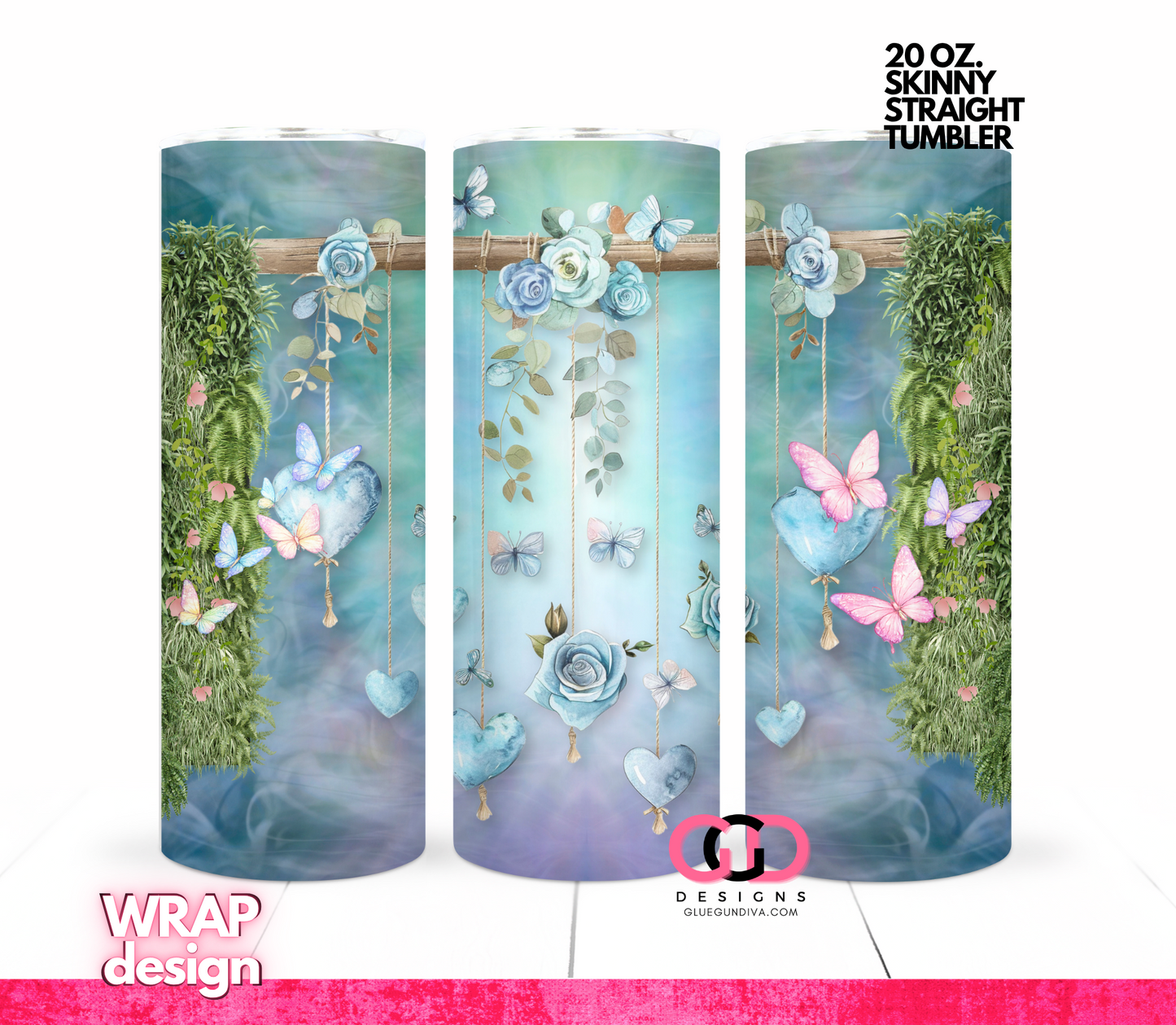 Dangling Roses and Butterflies -   Digital tumbler wrap for 20 oz skinny straight tumbler