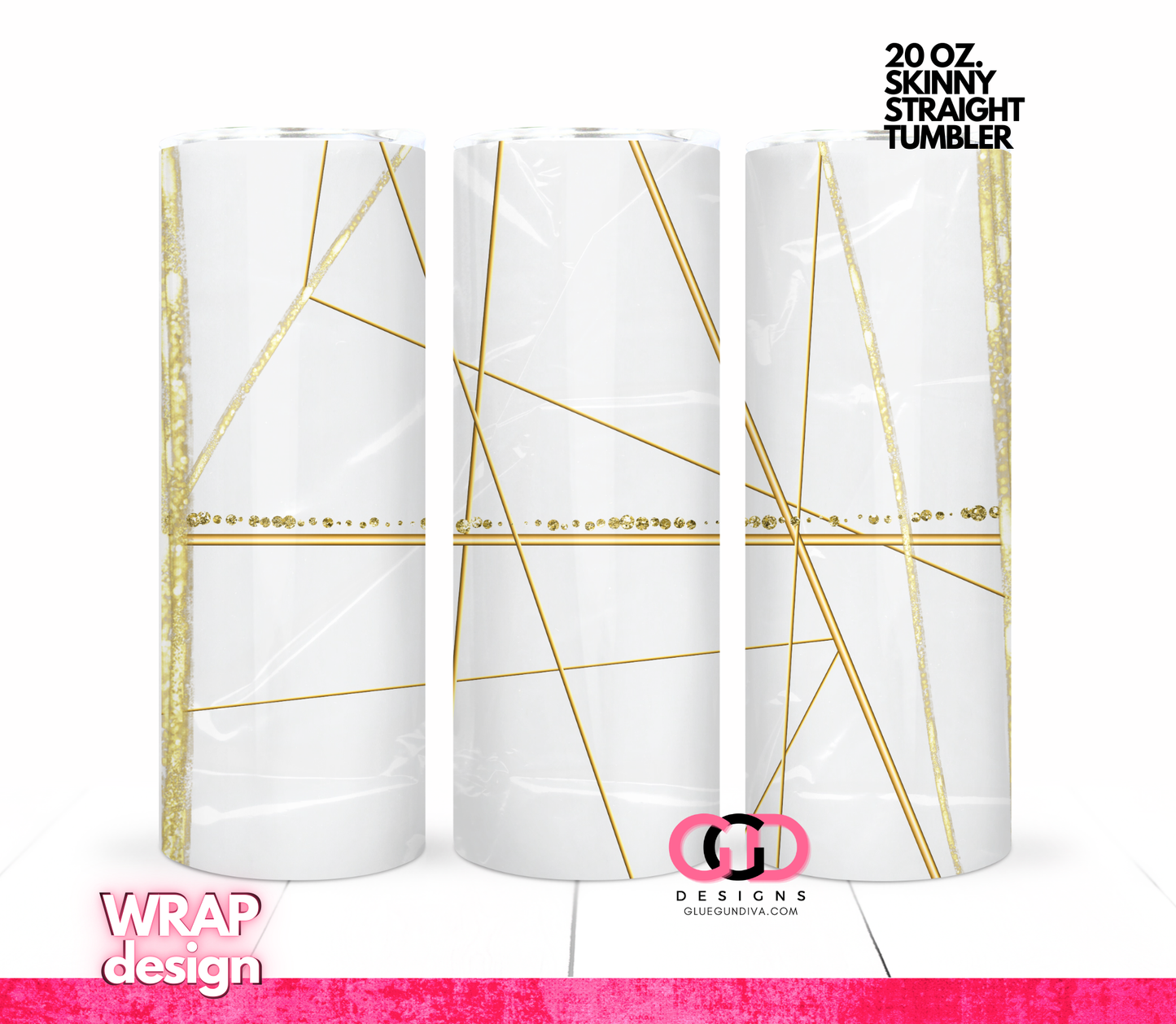 Gold Lines on White Plastic -   Digital tumbler wrap for 20 oz skinny straight tumbler