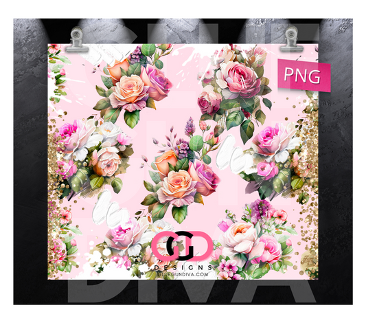 Pink Roses and Glitter -   Digital tumbler wrap for 20 oz skinny straight tumbler