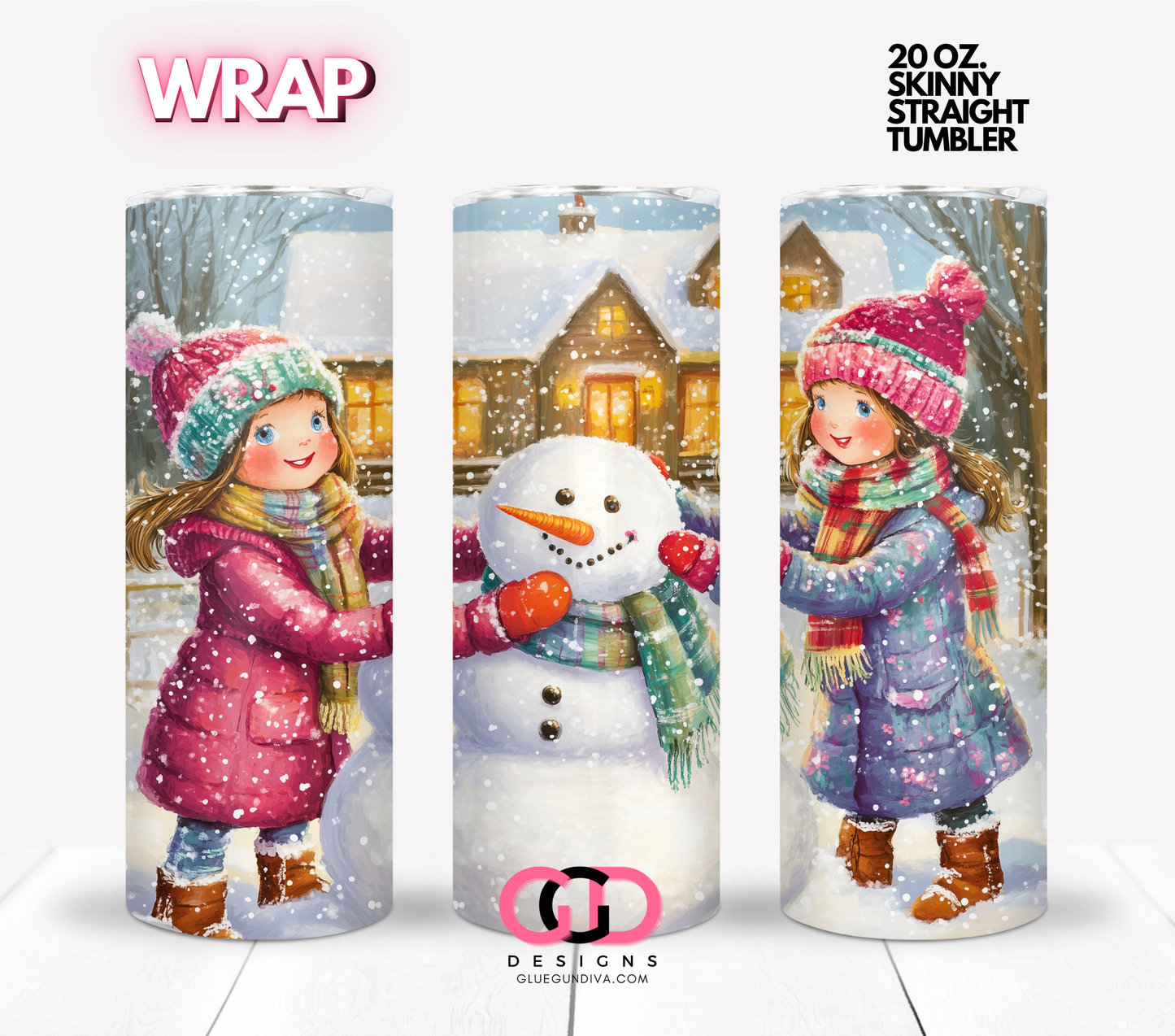 Building a snowman -  Digital tumbler wrap for 20 oz skinny straight tumbler