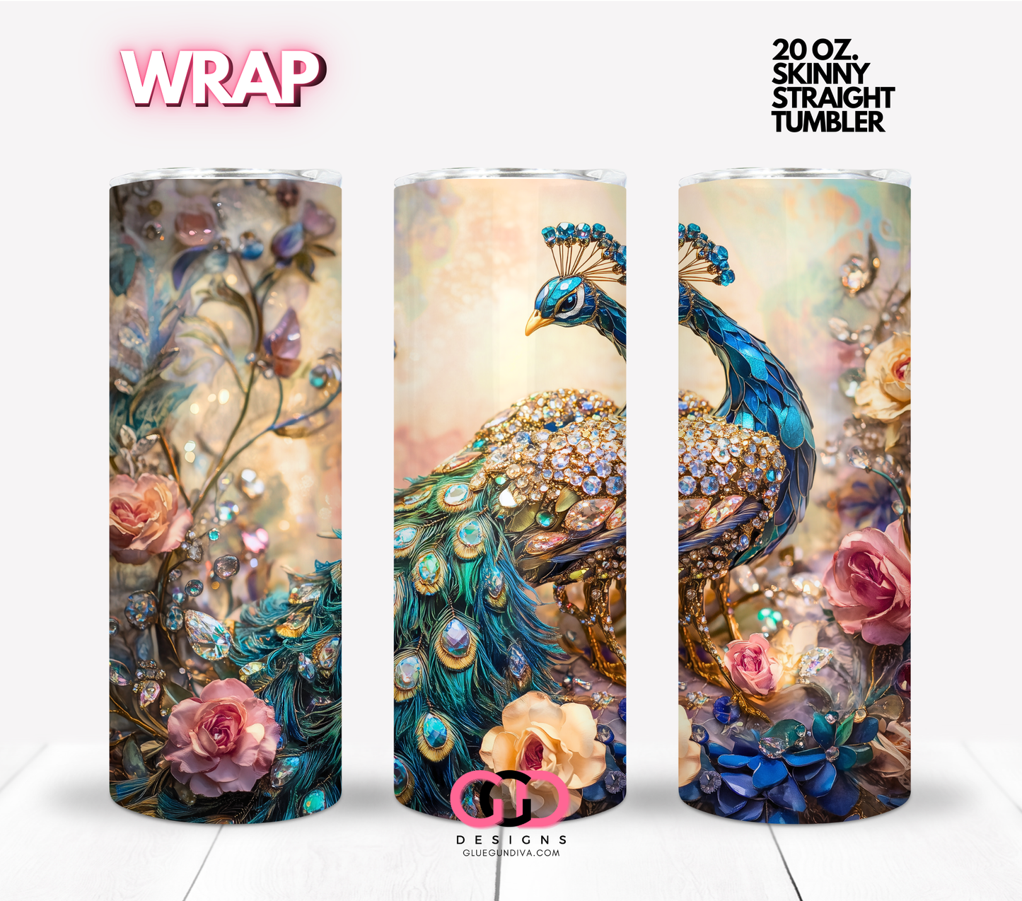 Jeweled peacock-  Digital tumbler wrap for 20 oz skinny straight tumbler