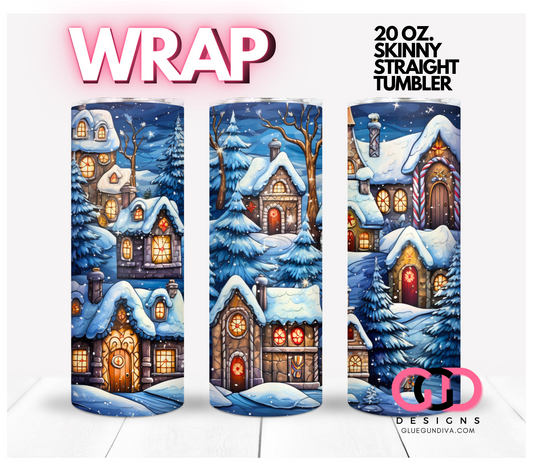 Pretty Snow Village-   Digital tumbler wrap for 20 oz skinny straight tumbler