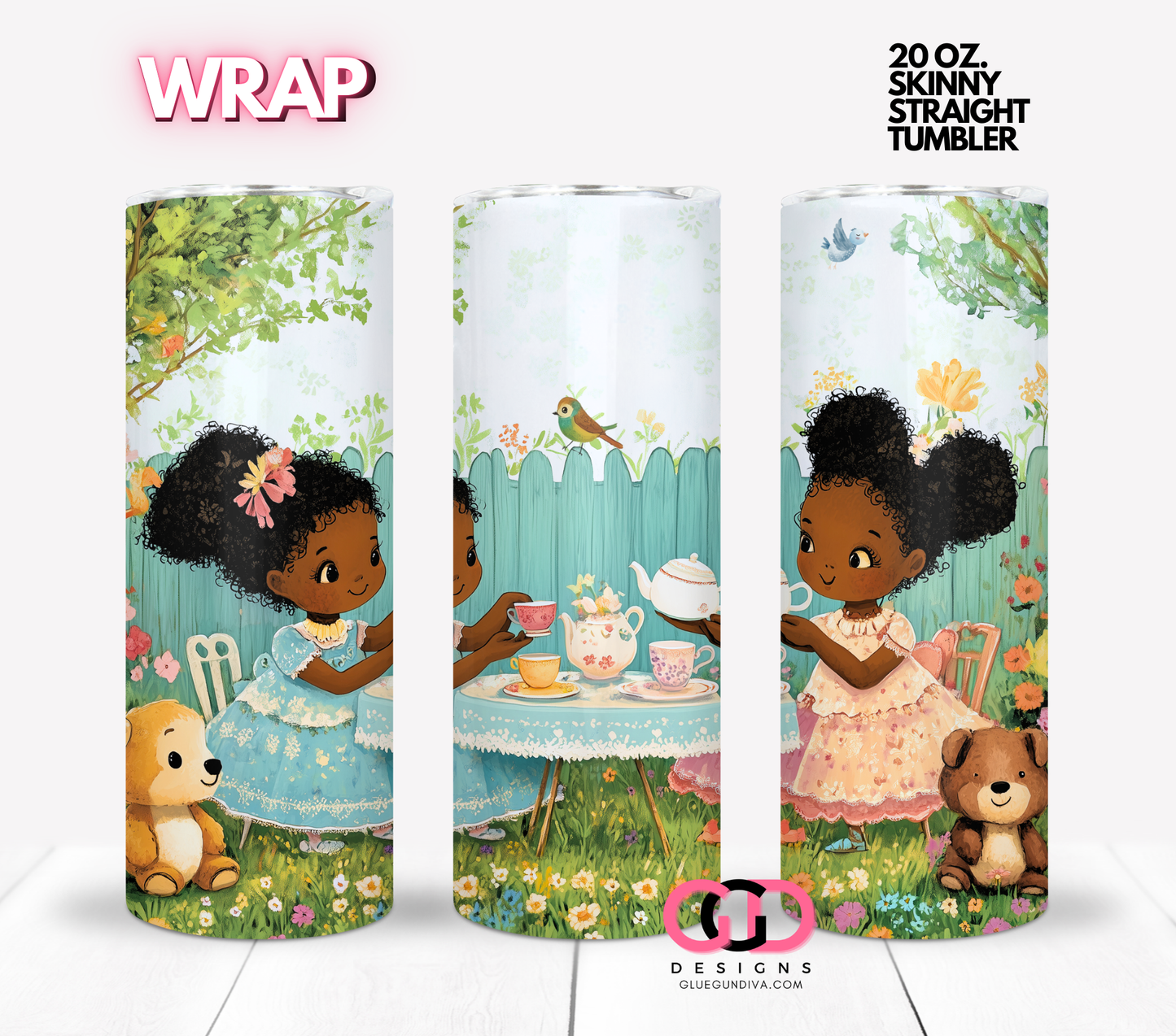 Tea Time African american girls-  Digital tumbler wrap for 20 oz skinny straight tumbler