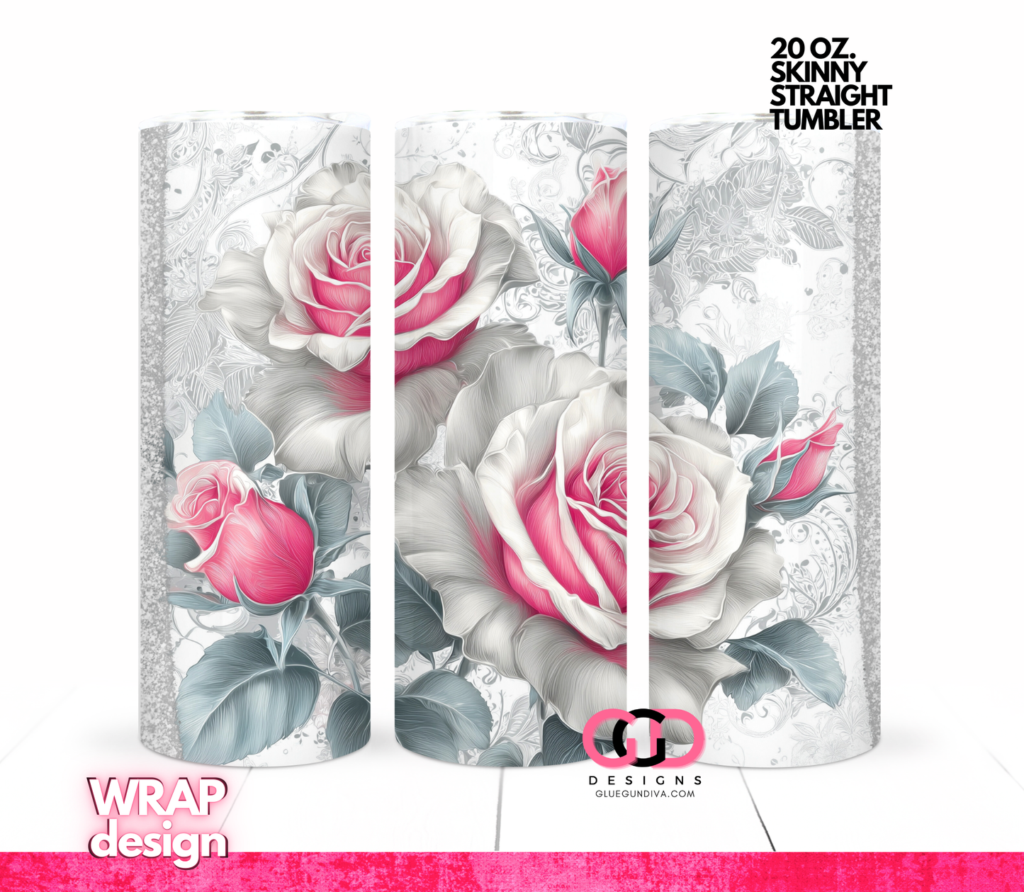 Pink and White Roses-   Digital tumbler wrap for 20 oz skinny straight tumbler